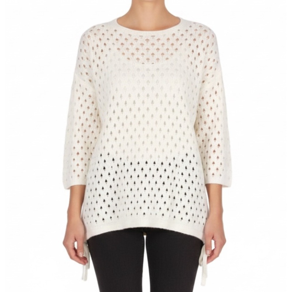 CASHMEREN Off-White COTTON BLEND Open Weave TIE SIDES 3/4 Sleeves SWEATER Sz S